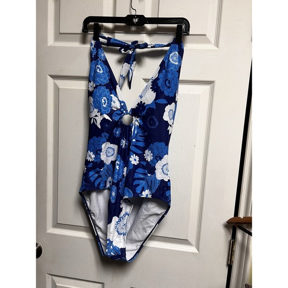 026-011 Women's 2xl One Piece Swimsuit Blue Floral Size 2x Swim Removable Pads - Picture 1 of 6